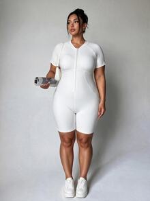 Velisys Velisys Women's Plus Size Minimalist Zipper Half-Placket Athletic Romper - Black and White - View 2
