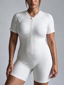Velisys Velisys Women's Plus Size Minimalist Zipper Half-Placket Athletic Romper - Black and White - View 1
