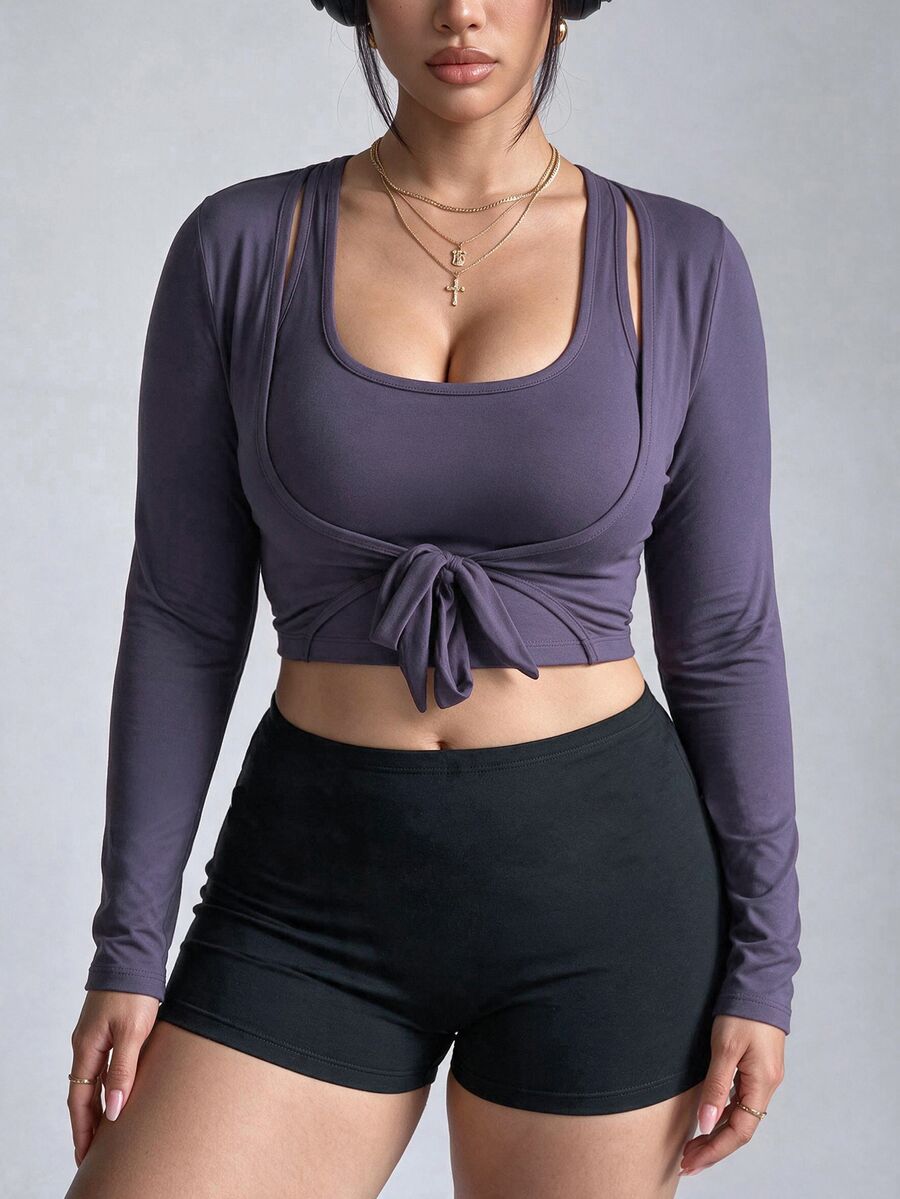 Gameset SHEIN Sport Women's Plus Size Solid Color Casual Daily Travel Sports T-Shirt Gym Dusty Blue Autumn - Black and White - View 1