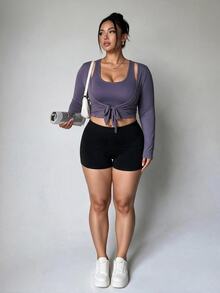 Gameset SHEIN Sport Women's Plus Size Solid Color Casual Daily Travel Sports T-Shirt Gym Dusty Blue Autumn - Black and White - View 3