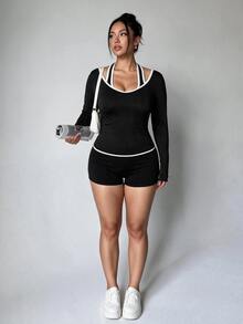 Velisys Velisys Women's Plus Size Colorblock Casual Daily Travel Sports T-Shirt - Black and White - View 3