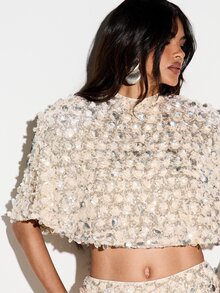 KIZN Crop top berpayet mewah dengan kerah tinggi, lengan pendek longgar, dan detail bunga manik-manik 3D, sempurna untuk musim pesta. - Aprikot - View 5