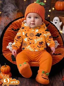 Baby Boys Hooded Casual Comfortable Autumn Sweatshirt With Cartoon Pattern Suitable For All Seasons Halloween - Multicolor - View 1