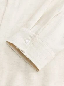 Suiteron 男士 Old Money 風格長袖襯衫，米杏色竹纖維亞麻拼接口袋長袖上衣，休閒日常通勤穿搭 - 卡其色 - 查看 9