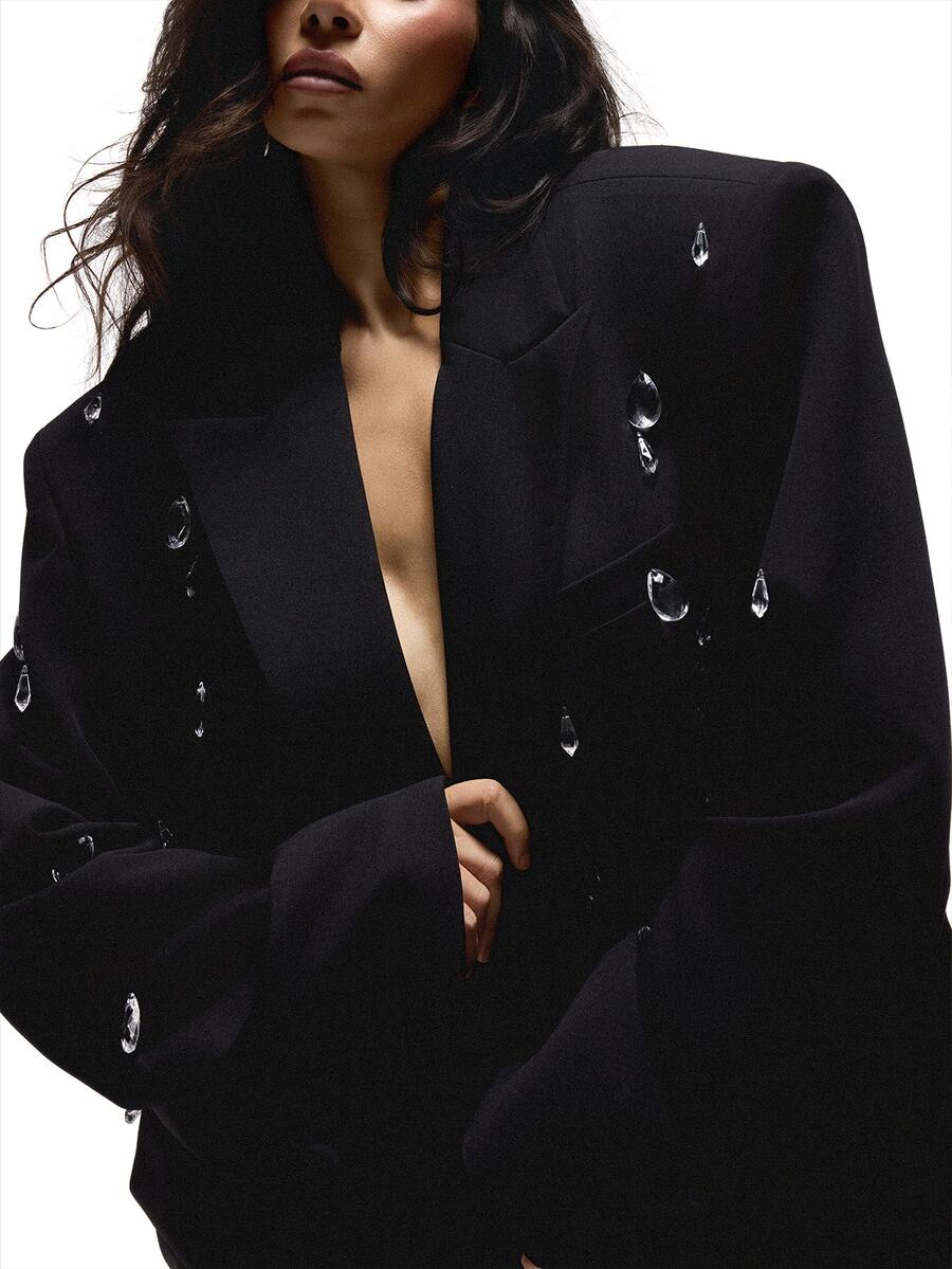KIZN Crystal Embellished Double-Breasted Blazer With Lapel Collar And Welt Pockets For Party Evening Holiday Occasion - Black - View 1