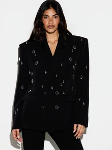 KIZN Crystal Embellished Double-Breasted Blazer With Lapel Collar And Welt Pockets For Party Evening Holiday Occasion - Black - View 2