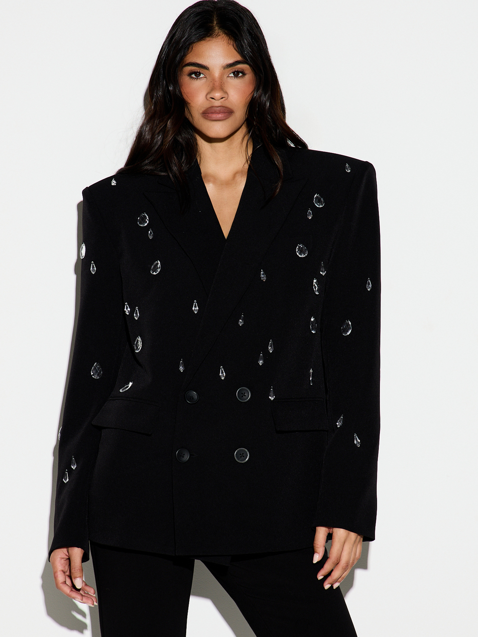 KIZN Crystal Embellished Double-Breasted Blazer With Lapel Collar And Welt Pockets For Party Evening Holiday Occasion