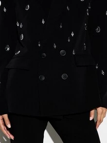 KIZN Crystal Embellished Double-Breasted Blazer With Lapel Collar And Welt Pockets For Party Evening Holiday Occasion - Black - View 5