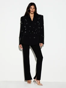 KIZN Crystal Embellished Double-Breasted Blazer With Lapel Collar And Welt Pockets For Party Evening Holiday Occasion - Black - View 4