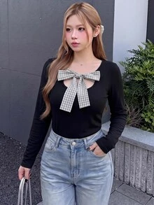 Bijouette Plus Size Plaid Bow Knit Top, Square Neck Hollow Bow Cinched Waist Long Sleeve Base Layer - Black - View 13