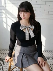 Bijouette Plus Size Plaid Bow Knit Top, Square Neck Hollow Bow Cinched Waist Long Sleeve Base Layer - Black - View 6