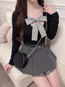 Bijouette Plus Size Plaid Bow Knit Top, Square Neck Hollow Bow Cinched Waist Long Sleeve Base Layer - Black - View 12