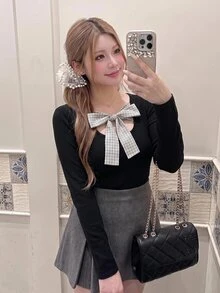 Bijouette Plus Size Plaid Bow Knit Top, Square Neck Hollow Bow Cinched Waist Long Sleeve Base Layer - Black - View 11