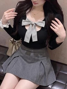 Bijouette Plus Size Plaid Bow Knit Top, Square Neck Hollow Bow Cinched Waist Long Sleeve Base Layer - Black - View 8
