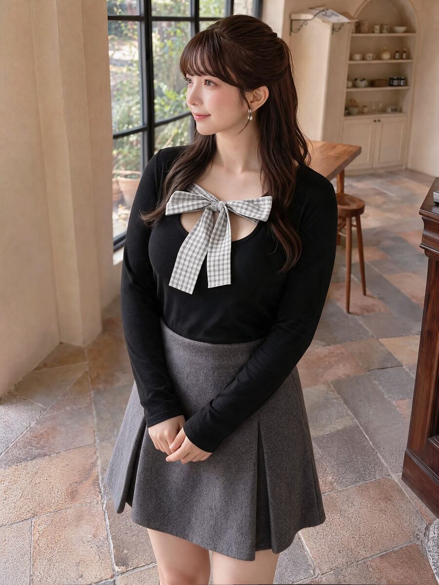 Bijouette Plus Size Plaid Bow Knit Top, Square Neck Hollow Bow Cinched Waist Long Sleeve Base Layer - Black - View 1