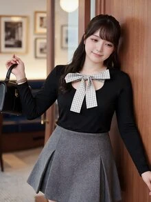 Bijouette Plus Size Plaid Bow Knit Top, Square Neck Hollow Bow Cinched Waist Long Sleeve Base Layer - Black - View 7