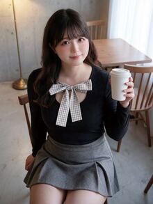 Bijouette Plus Size Plaid Bow Knit Top, Square Neck Hollow Bow Cinched Waist Long Sleeve Base Layer - Black - View 3