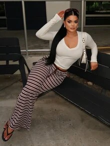Dayanna Comas 女士棕色条纹针织休闲裤 - 棕色 - 查看 5