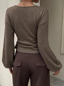 Siren Gaze 女款純色圓領落肩長袖側腰打結T恤 - 棕色 - 查看 2