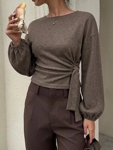 Siren Gaze 女款純色圓領落肩長袖側腰打結T恤 - 棕色 - 查看 6