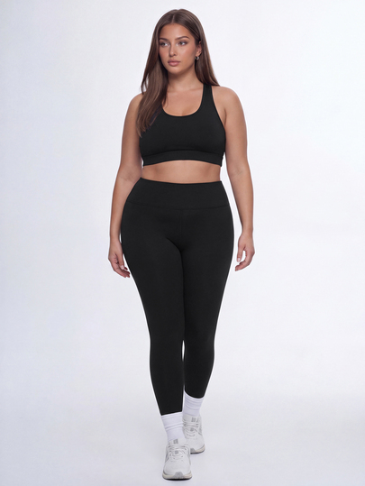 SHEIN Velisys مجموعة رياضية بديلة كاواي مقاس كبير بلون سادة، توب قصير بدون أكمام مع ليقنز، كحلي، للصيف والجيم