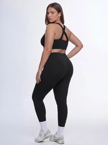 SHEIN Velisys Plus Size Solid Color Cropped Tank Top Leggings Sports Alternative Kawaii Set Gym Navy Blue Summer - Multicolor - View 3