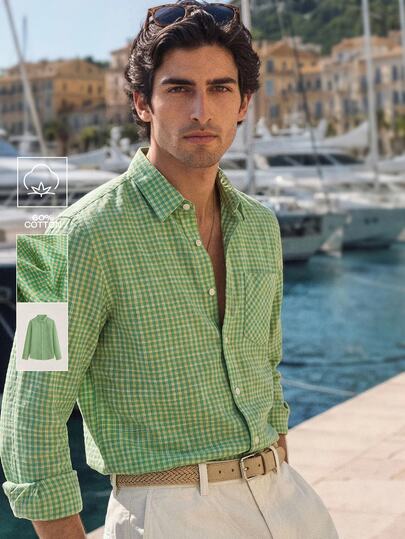 Suiteron Men's Old Money Style Plaid Long Sleeve Shirt, Khaki Green Cotton Blend Patch Pocket Long Sleeve Top, Casual Daily Wear