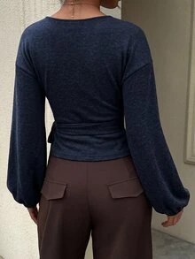 Siren Gaze 女款街頭風綁帶抓皺長袖上衣，適合日常穿著 - 藏蓝色 - 查看 2