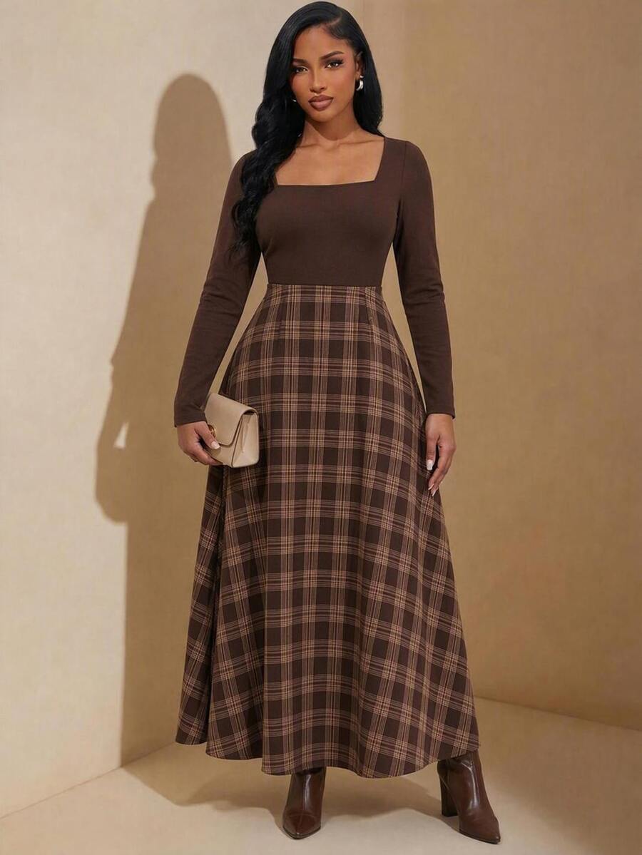 Chikora Plus Size Women's Patchwork Plaid Square Neck Long Sleeve Elegant Business Casual Dress Brunch Office Evening Chocolate Brown Brown Winter - Brown - View 1