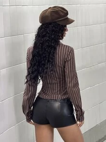StreetHx Women's Street Retro Slim Fit Striped Shirt - Brown - View 2