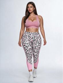 SHEIN Velisys Leggings deportivos kawaii de talla grande con estampado de leopardo, banda ancha en la cintura, para gimnasio, blanco, verano - Multicolor - Ver 1
