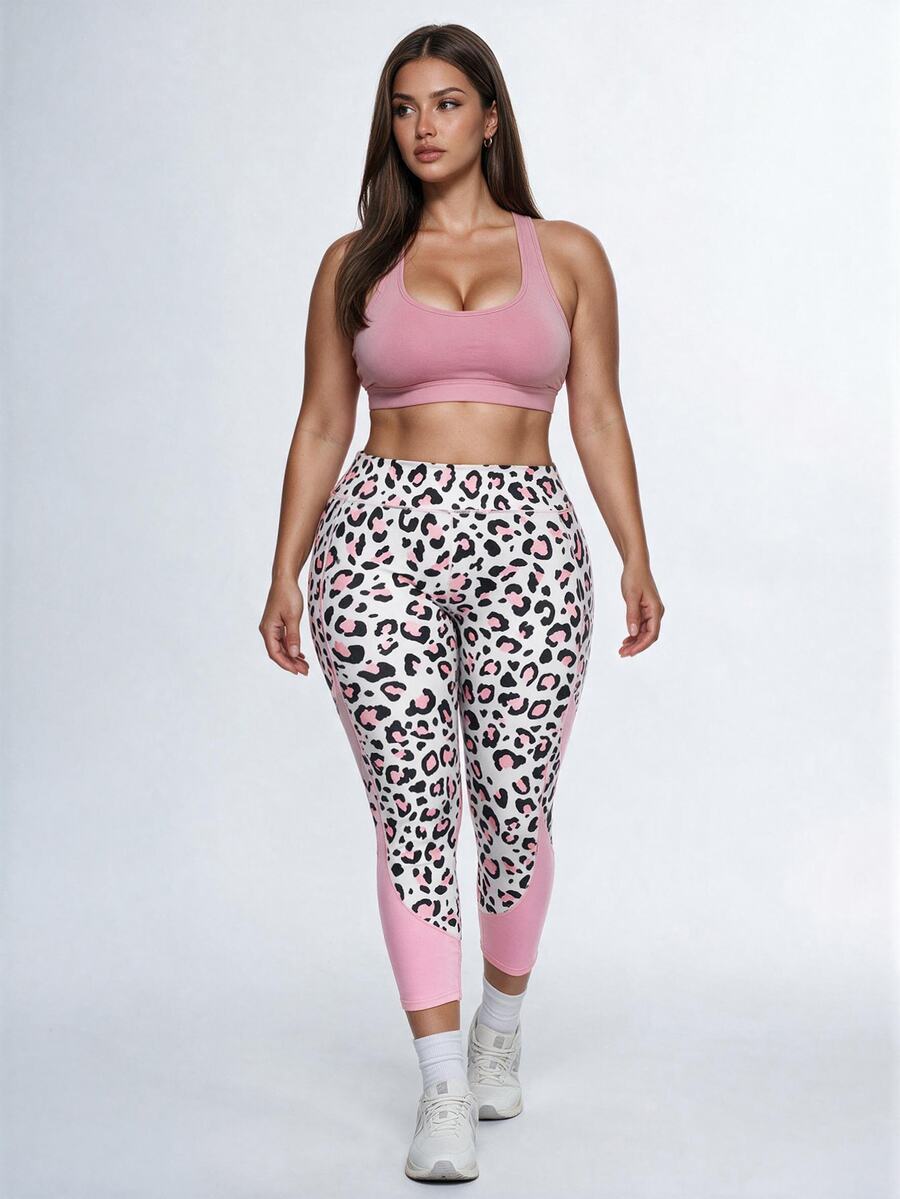 SHEIN Velisys Leggings deportivos kawaii de talla grande con estampado de leopardo, banda ancha en la cintura, para gimnasio, blanco, verano - Multicolor - Ver 1