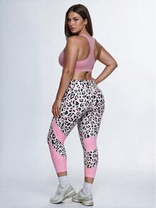 SHEIN Velisys Leggings deportivos kawaii de talla grande con estampado de leopardo, banda ancha en la cintura, para gimnasio, blanco, verano - Multicolor - Ver 3