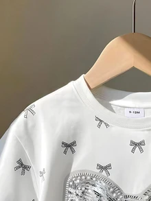 Baby Girl Fashionable Minimalist Cute Sequin Bow Print Round Neck Short Sleeve T-Shirt, Suitable For Outings In Summer, White Bow Top - Multicolor - View 6