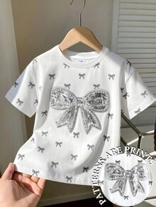 Baby Girl Fashionable Minimalist Cute Sequin Bow Print Round Neck Short Sleeve T-Shirt, Suitable For Outings In Summer, White Bow Top - Multicolor - View 4