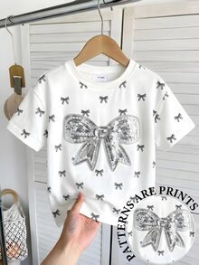 Baby Girl Fashionable Minimalist Cute Sequin Bow Print Round Neck Short Sleeve T-Shirt, Suitable For Outings In Summer, White Bow Top - Multicolor - View 5
