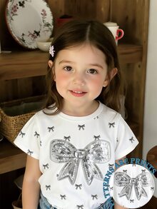 Baby Girl Fashionable Minimalist Cute Sequin Bow Print Round Neck Short Sleeve T-Shirt, Suitable For Outings In Summer, White Bow Top - Multicolor - View 3