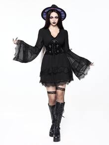 ROMWE Goth 暗黑哥德風萬聖節雪紡對比蕾絲飾邊十字架吊墜A字喇叭袖洋裝 - 黑色 - 查看 4