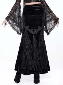 ROMWE Women's Velvet Lace Applique Mermaid Tail Bodycon Skirt, Elegant Palace Gothic Style - Black - View 7
