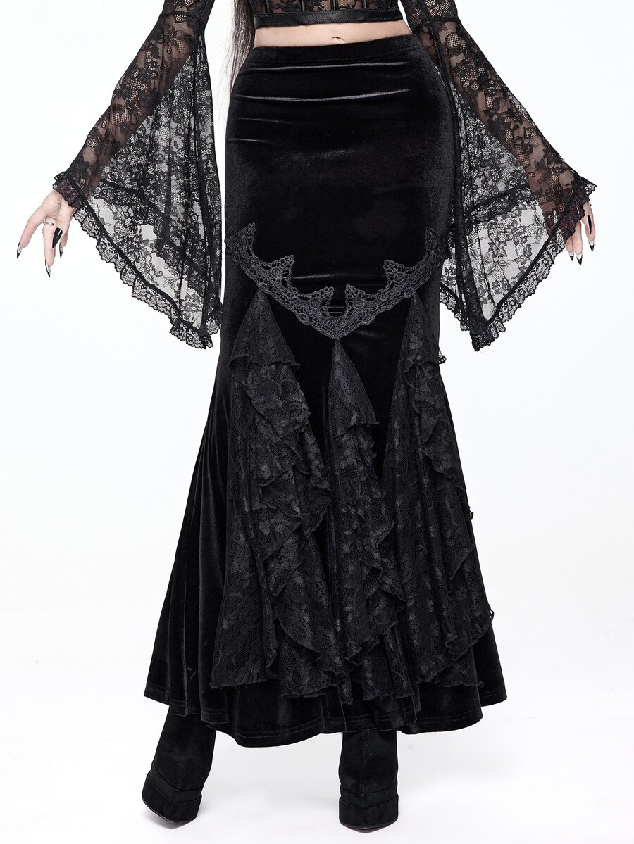 ROMWE Goth 女款天鵝絨蕾絲貼花魚尾緊身裙,優雅宮廷哥德風 - 黑色 - 查看 1