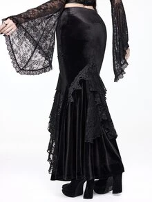 ROMWE Women's Velvet Lace Applique Mermaid Tail Bodycon Skirt, Elegant Palace Gothic Style - Black - View 2