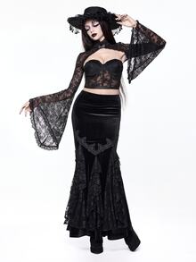 ROMWE Women's Velvet Lace Applique Mermaid Tail Bodycon Skirt, Elegant Palace Gothic Style - Black - View 1