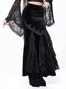 ROMWE Women's Velvet Lace Applique Mermaid Tail Bodycon Skirt, Elegant Palace Gothic Style - Black - View 4