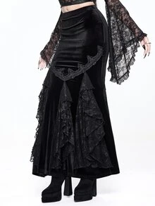 ROMWE Women's Velvet Lace Applique Mermaid Tail Bodycon Skirt, Elegant Palace Gothic Style - Black - View 3