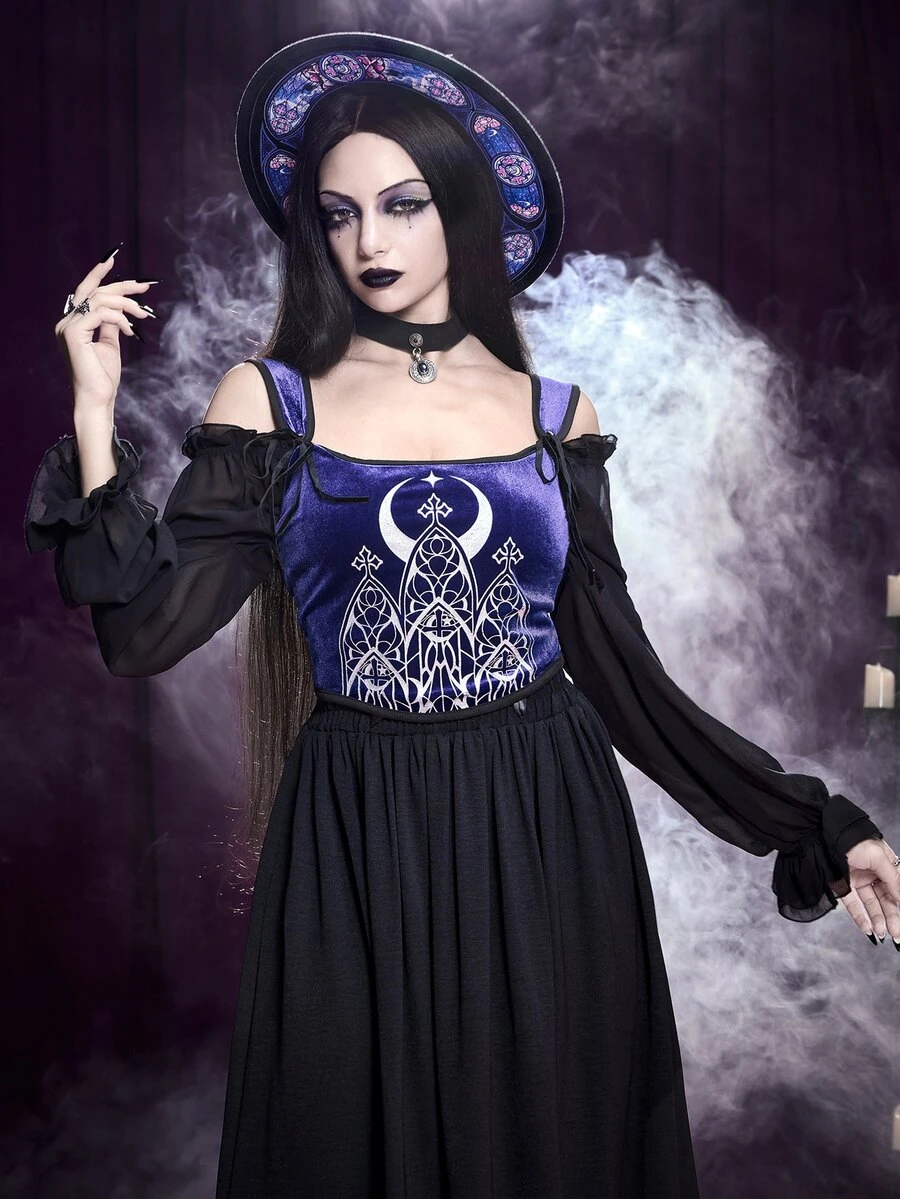 ROMWE Goth 暗黑哥德宮廷風萬聖節女款緊身對比色天鵝絨背心,銀箔裝飾,教堂城堡風格 - 紫色 - 查看 1