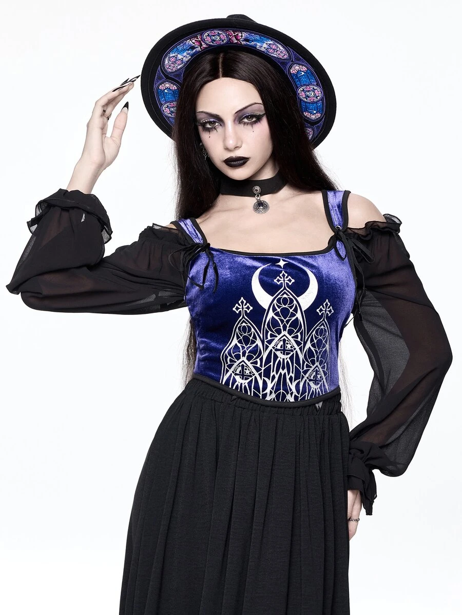 ROMWE Dark Gothic Court Halloween Outfit Church Castle Silver Foil Tight Contrast Color Velvet Women's Vest - Purple - View 1