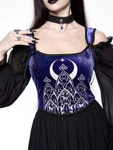 ROMWE Dark Gothic Court Halloween Outfit Church Castle Silver Foil Tight Contrast Color Velvet Women's Vest - Purple - View 4