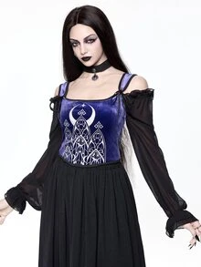 ROMWE Dark Gothic Court Halloween Outfit Church Castle Silver Foil Tight Contrast Color Velvet Women's Vest - Purple - View 3
