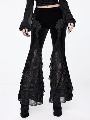 Goth بنطال نسائي واسع مزين بتطريز مخملي مع تطبيقات مخملية فاخرة بطراز قوطي