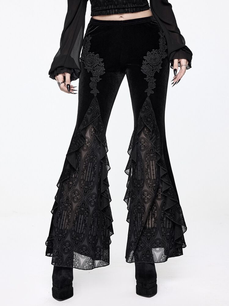 ROMWE Women's Flocked Flare Pants With Applique Flocked Court Goth Luxurious - Black - View 1